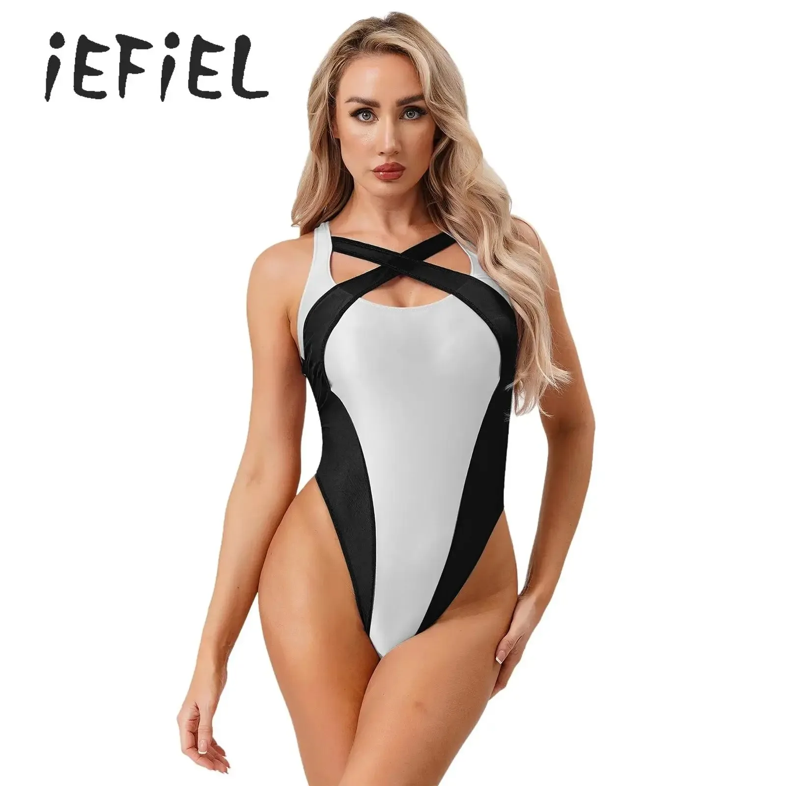 Oil Glossy Womens One Piecce Swimsuit Swimwear Contrast Color Sheer Mesh Open Back Leotard Bodysuit Bathing Suit Beachwear