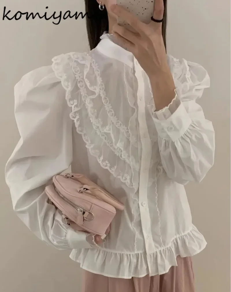 

Кружевные Blusas Mujer, рубашки с объемными рукавами, блузки, корейская элегантная женская одежда, однобортные майки с воротником-стойкой, Ropa