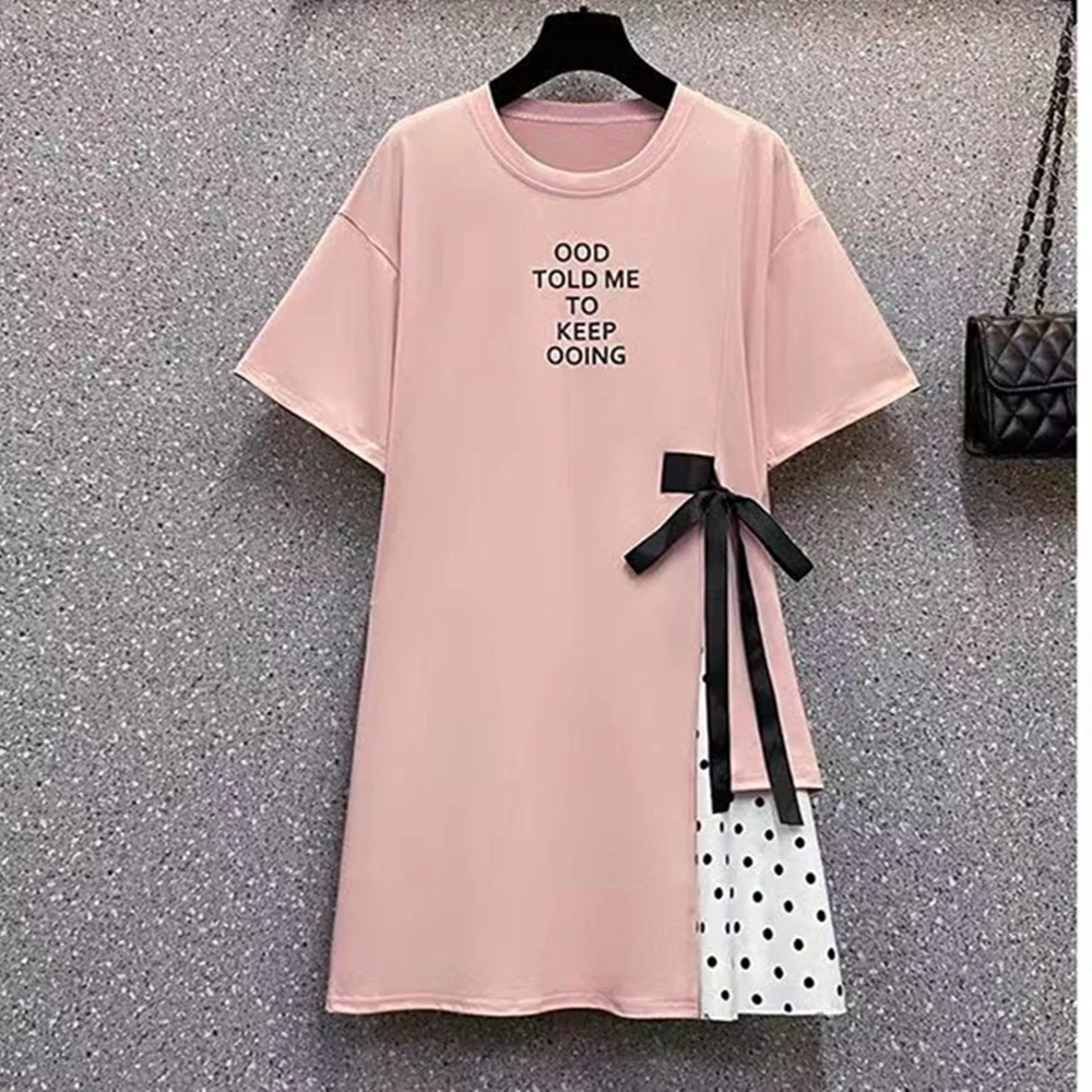 Ladies Summer Casual Dress Ladies Splicing Lace Up Dress Cute Polka Dot Bow 90kg Wearable Short Sleeve Dresses