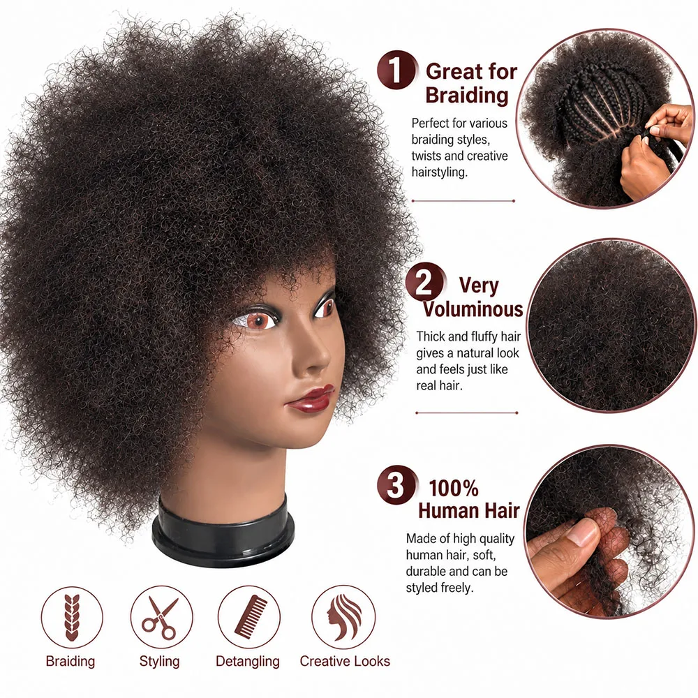 Afro Curly Human Hair Mannequin Head Cosmetology Manikin Head with Clamp Stand Practice Styling Dye Braiding