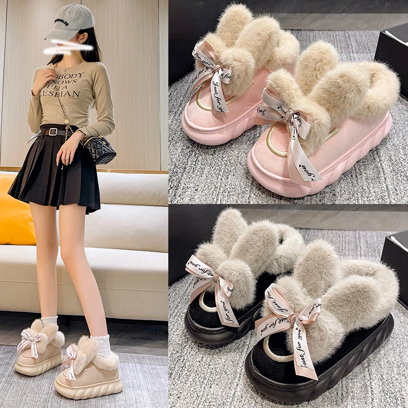 Luxury Winter Women Short Plush Warm Snow Boots Casual Shoes New Suede Fur Chelsea Ankle Boots Flats Platform Ladies Shoes Botas