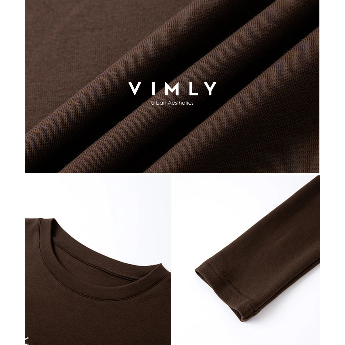 VIMLY Cotton Woman Brown T-shirts Letter Printing O-neck Casual Ladies Tees 2025 Autumn Slim Ladies Long Sleeve Knit Tops A2060