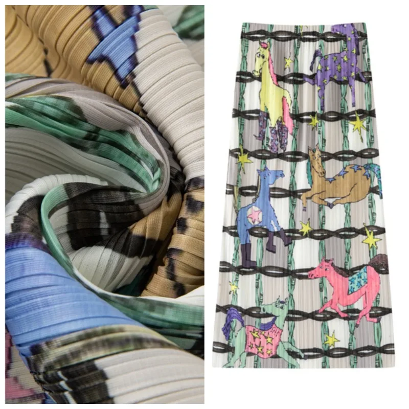 

Miyake Pleated Skirt Plisse 2026 Colorful Pony Pleats Print Elastic Waist Draped Pleats Print Jupe Women's Summer Half Skirt