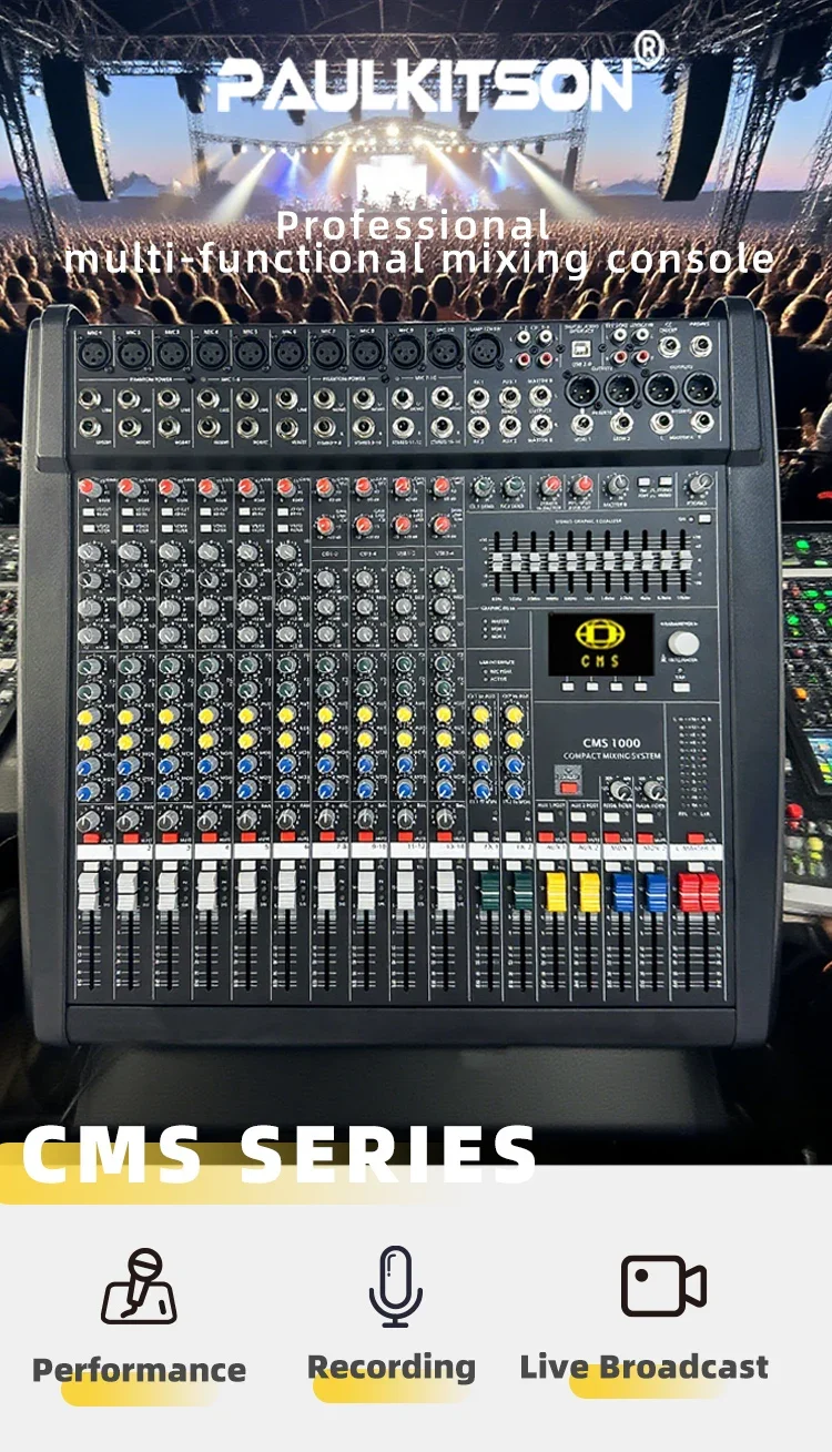 Paulkitson CMS1000-3 Audio-Mischpult mit Abdeckung, 99 Effekten, 48V Phantomspeisung für Bühne, Karaoke, Band, DJ, Studio und Events – Detail 1