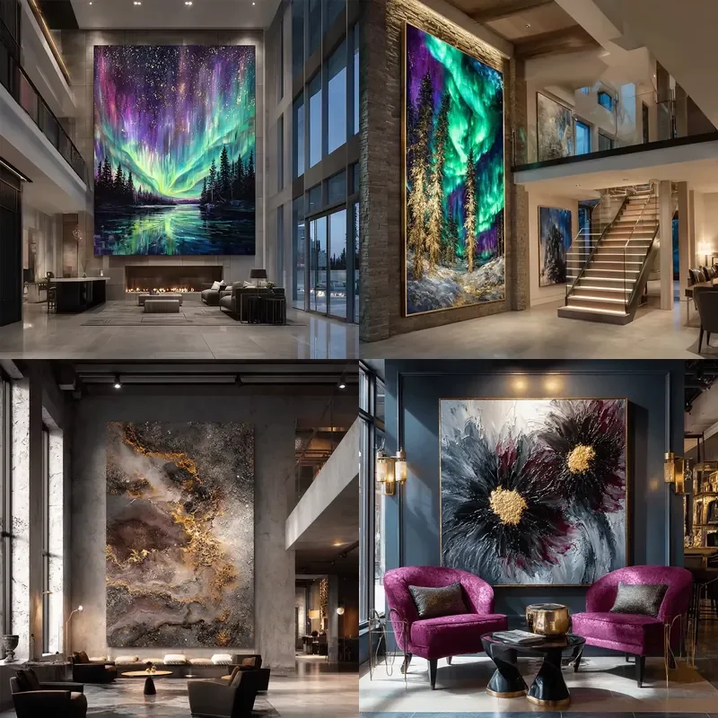 Oversized Aurora Abstract Painting Modern Purple Green Northern Lights Canvas Art for High Ceiling Living Room & Hotel Lobby