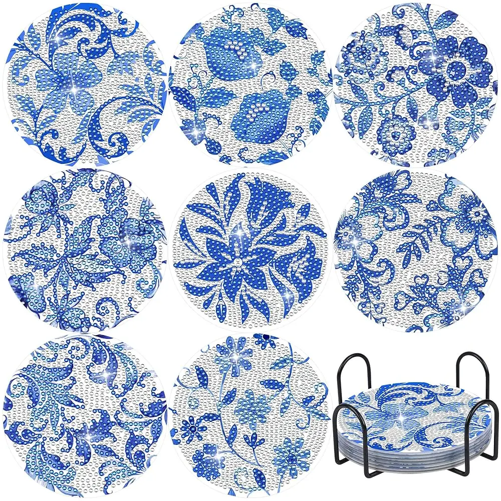 

Наборы для алмазной вышивки Diamond Art Coaster: синие цветы, 5D DIY акриловые подставки под кружки с пробковым основанием и держателем для взрослых