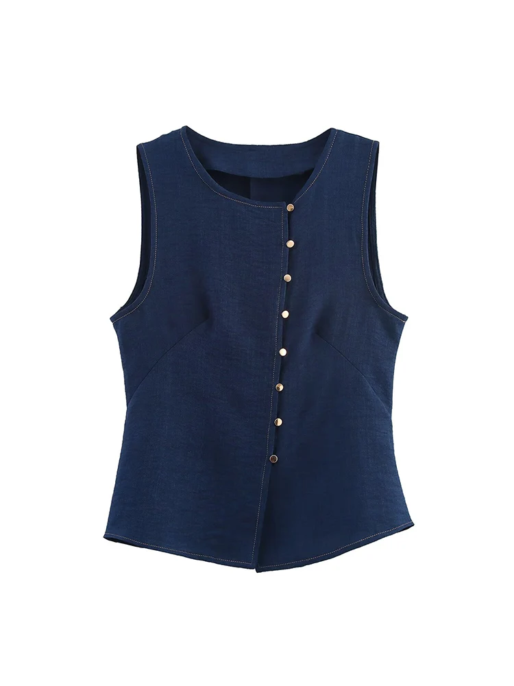 

TFMLN 2025 New Cropped Vest Top For Women Summer Sleeveless Chic Metal Button Vest Streetwear Women Fashion Round Neck Tank Top