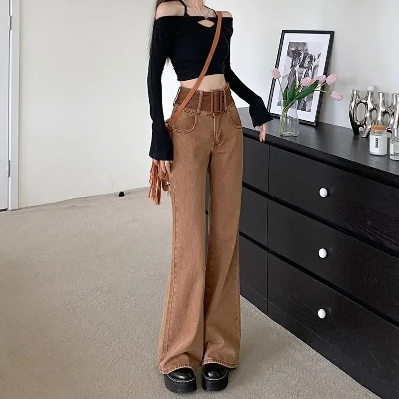 Brown Pants for Woman Flare Women's Jeans High Waist Shot Trousers Bell Bottom Flared Gyaru Wide Leg Hippie Korean Fashion Emo A