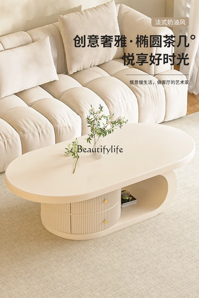

yj7 French Cream Style Solid Wood Coffee Table for Living Room, Small Household Oval Tea Table