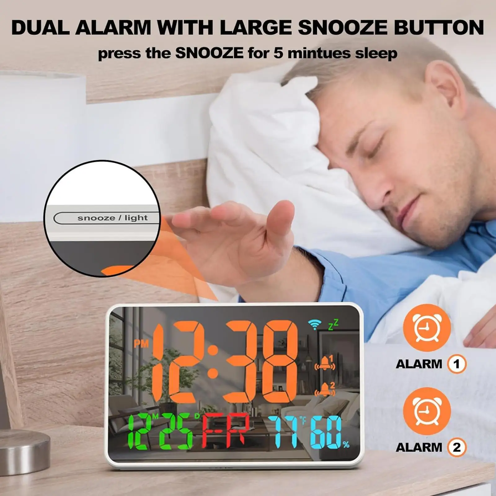 

LED Alarm Clock 12/24H Electronic Clock for NightStand Seniors Living Room