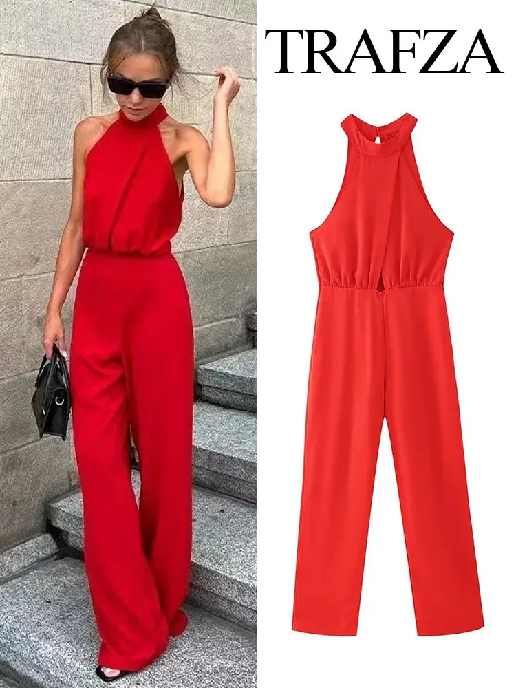 Travza Jumpsuit kaki lebar untuk wanita, Jumpsuit cantik kerah Halter tanpa lengan pinggang tinggi warna polos, Jumpsuit liburan kasual ramping untuk wanita