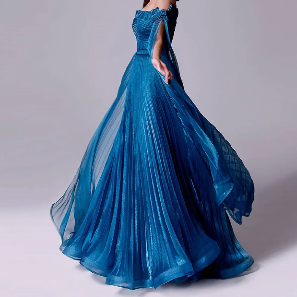 Sashes Organza Ruched Zipper Back Floor Length Sweep Train  A-Line Pleats Off the Shoulder Luxury and Temperament Evening Dress