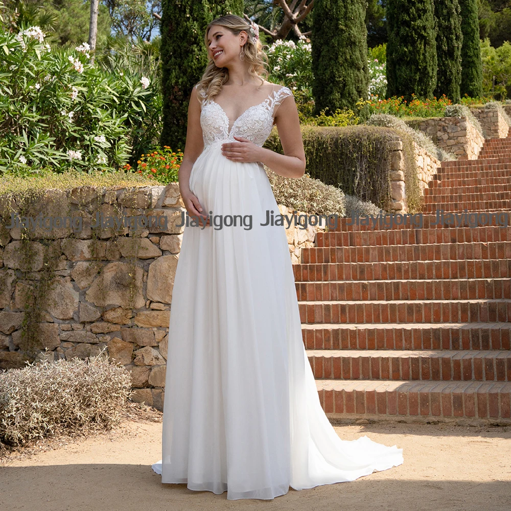 Vestidos de noiva grávida personalizado manga boné com decote em v renda applique império vestido de noiva chiffon boho casamento vestido de noiva