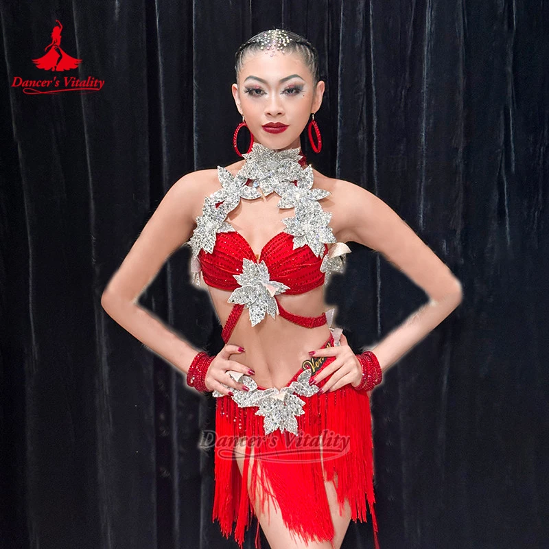 

Adult Latin Dance AB Stone Waist Exposure Tassels Dresses Luxury Custom Teenagers Samba Chacha Chacha Clothing Dancer's Vitality
