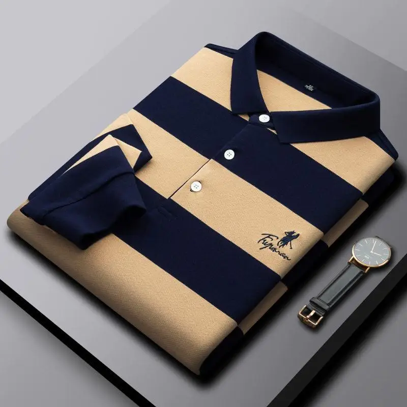 

Fashionable Dad Style Long Sleeve Striped Shirt Business Casual Cotton T-Shirt for Men Autumn New Arrival Shirts