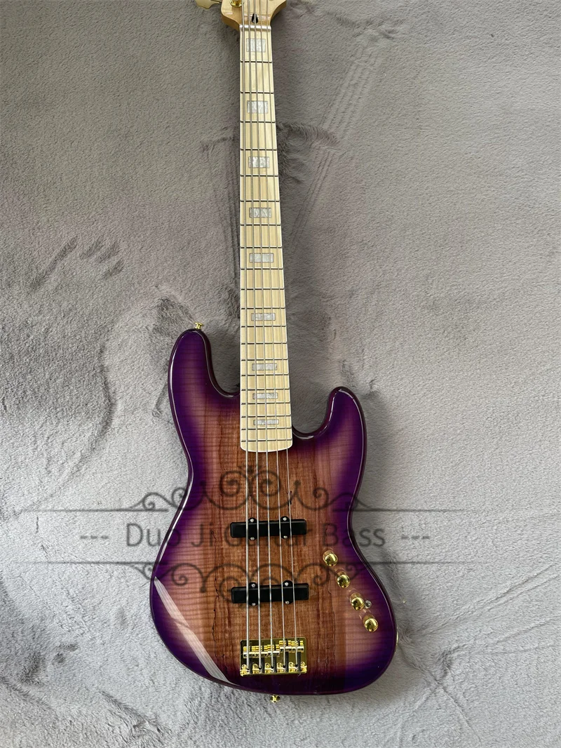 Purple Bass Guitar with Fixed Bridge, Burl Maple Top, Maple Fingerboard, White Pearl Inlay, 5 Strings,gold hardware