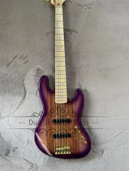 Purple Bass Guitar with Fixed Bridge, Burl Maple Top, Maple Fingerboard, White Pearl Inlay, 5 Strings，gold hardware