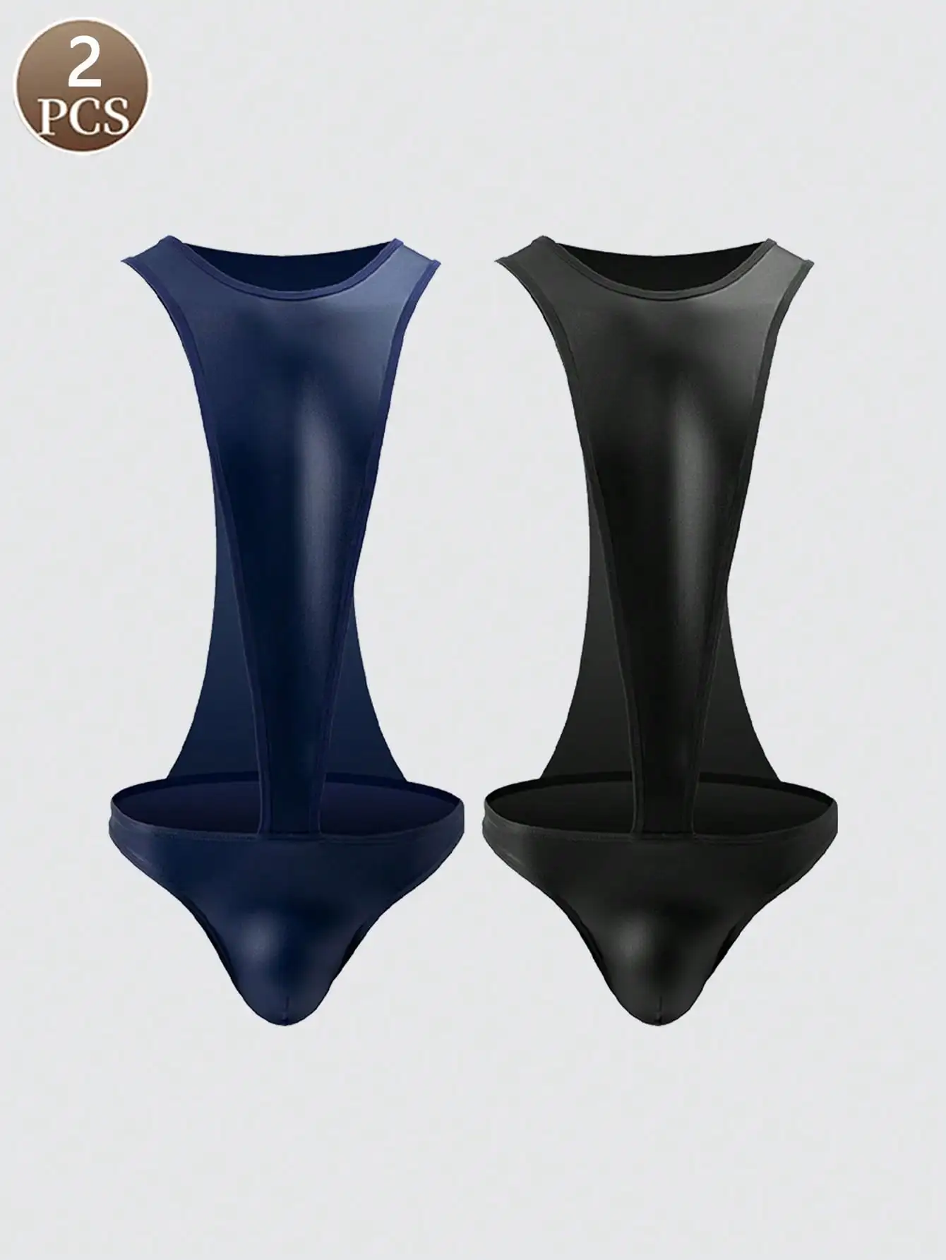 

2PCS Chest micro sculpted knitted fabric low elasticity Men's sexy fitness vest fashionable leather underwear jumpsuit