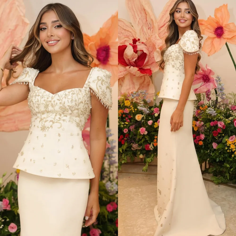

Customized Exquisite Square Collar Short Sleeves Evening Dress High Quality Satin Homecoming Dresses Sparkly Bridal Party Gowns