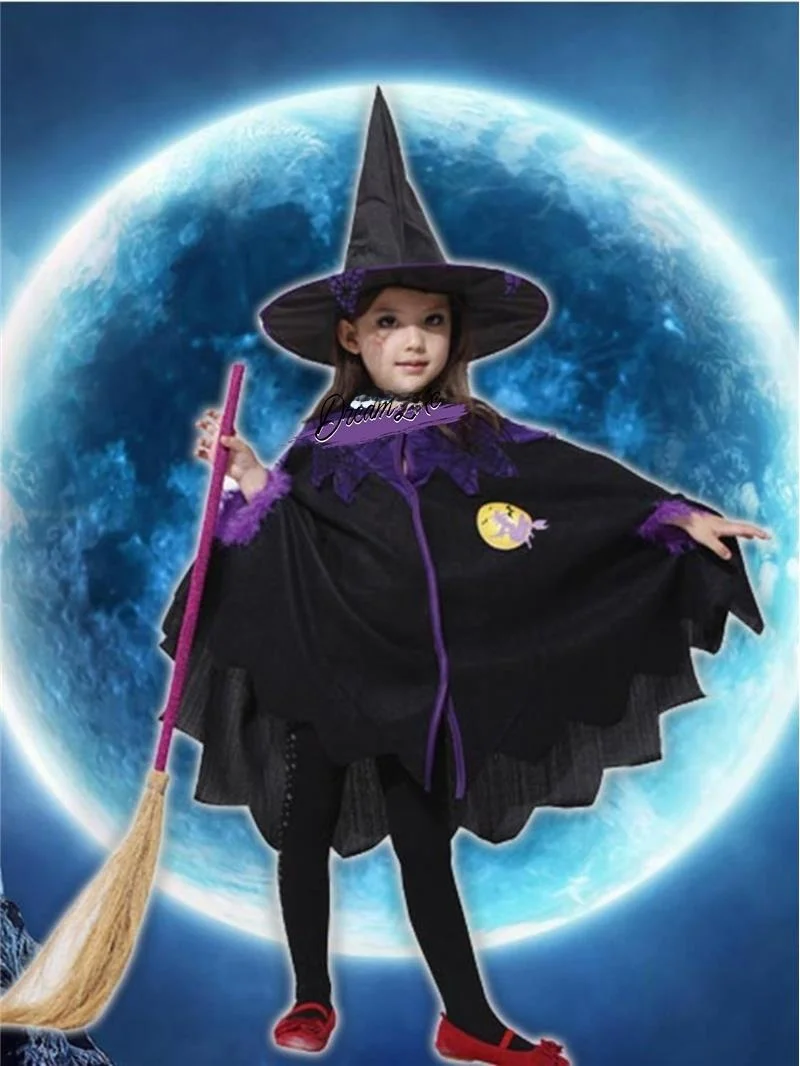 Fsia de Bruxa Infantil para loween, Conjunto de Capa e Vestido para Apresentação, Traje Tradicional para Meninas