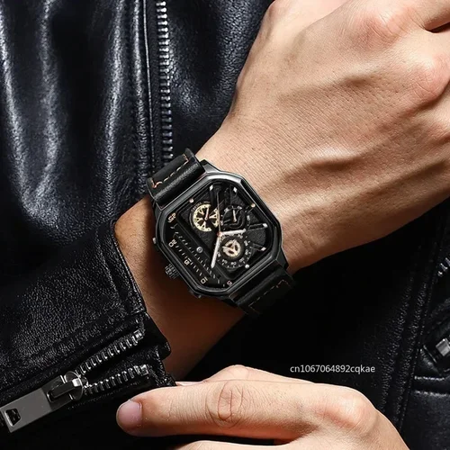 Imagen 2 del producto Relojes de cuarzo para hombre, esfera de aleación, reloj de negocios para hombre, correa de cuero PU, reloj deportivo cuadrado con esfera grande, reloj de pulsera negro fresco para hombre
