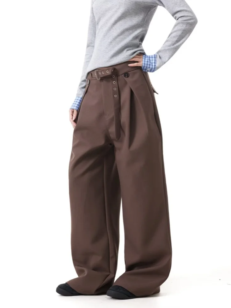 2025 tendencia Y2K estilo marrón plisado holgado Casual traje de mujer pantalones para mujer ropa de pierna ancha parte inferior recta pantalones largos