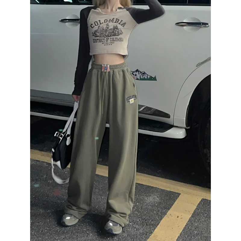 American Retro Cuffed Pants Women Summer High Waist Straight Wide Leg Casual Sport Pants