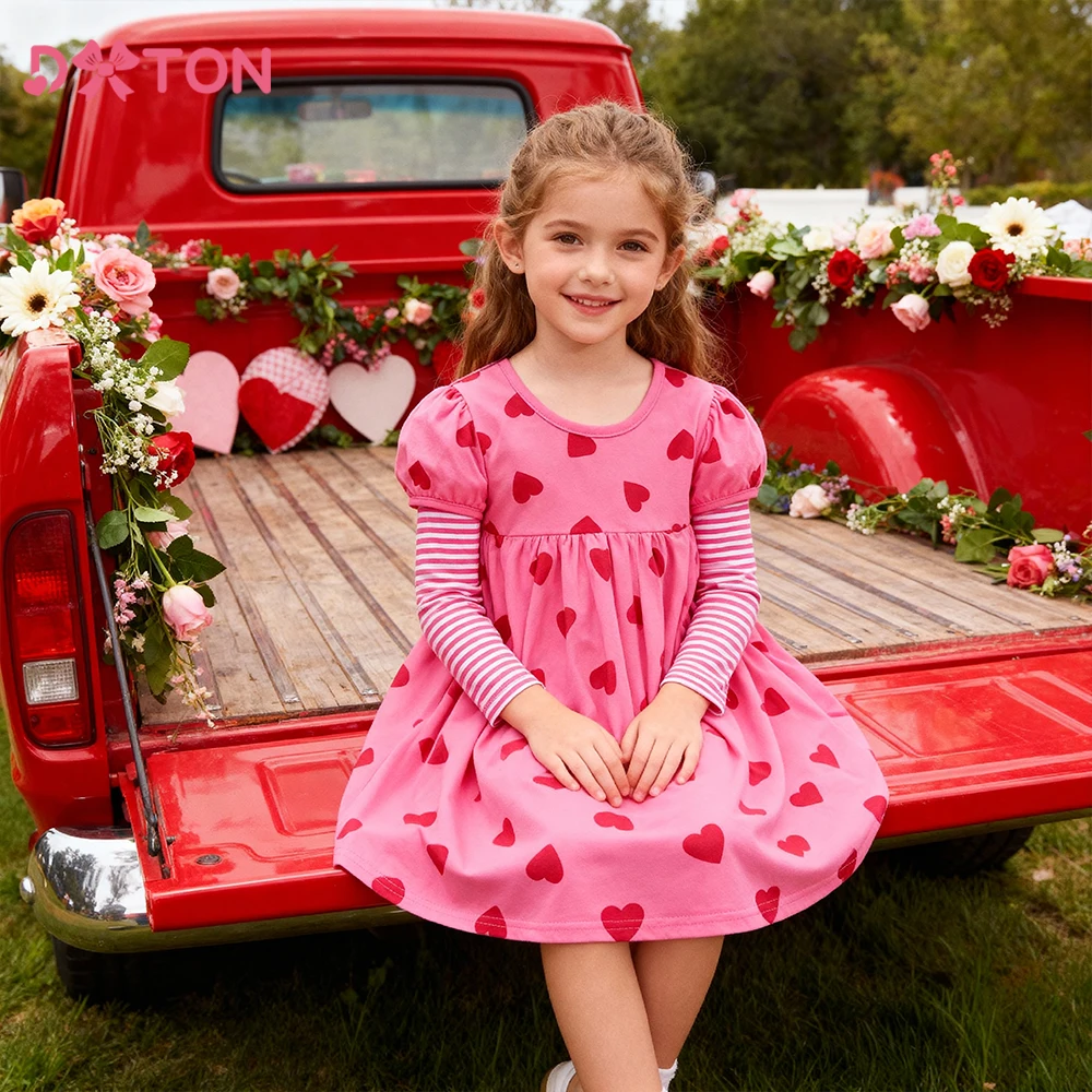

DXTON New Children Straight Dress Autumn Toddler Casual Dress Heart Printed Girls Daily Wear Striped Sleeve Kids Cotton Clothing