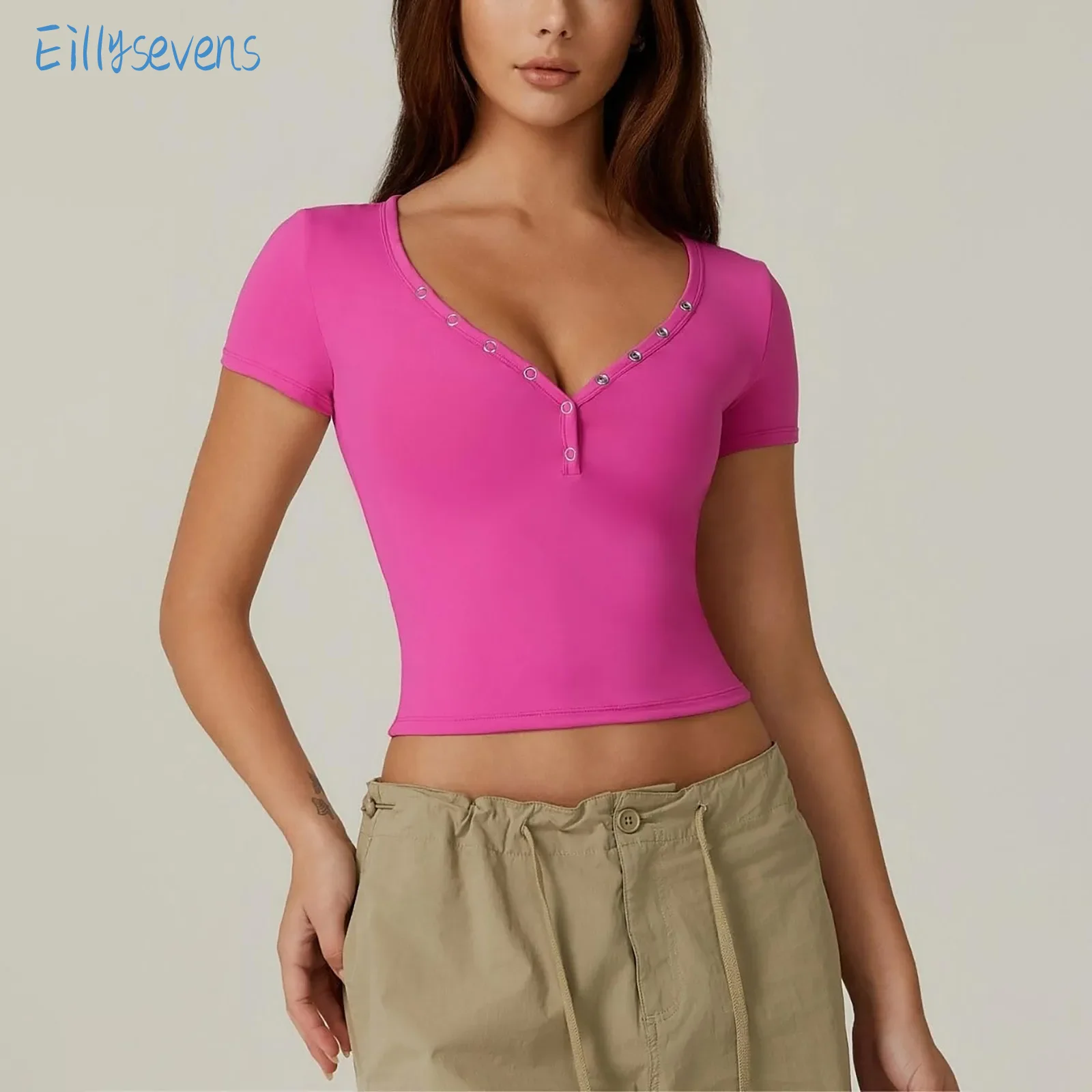 Women'S Sexy Short Sleeve Tops V Neck Double Lined Button Up Slim Fit Crop Tops Daily Causal Fitness Dance Yoga Comfy Tops