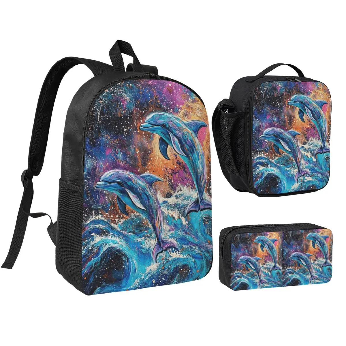 Two Charming Dolphin In Sea Backpack Boys Girls BookBag School Bag Shoulder Bags 3ps Insulated Lunch Bag Pencil Case