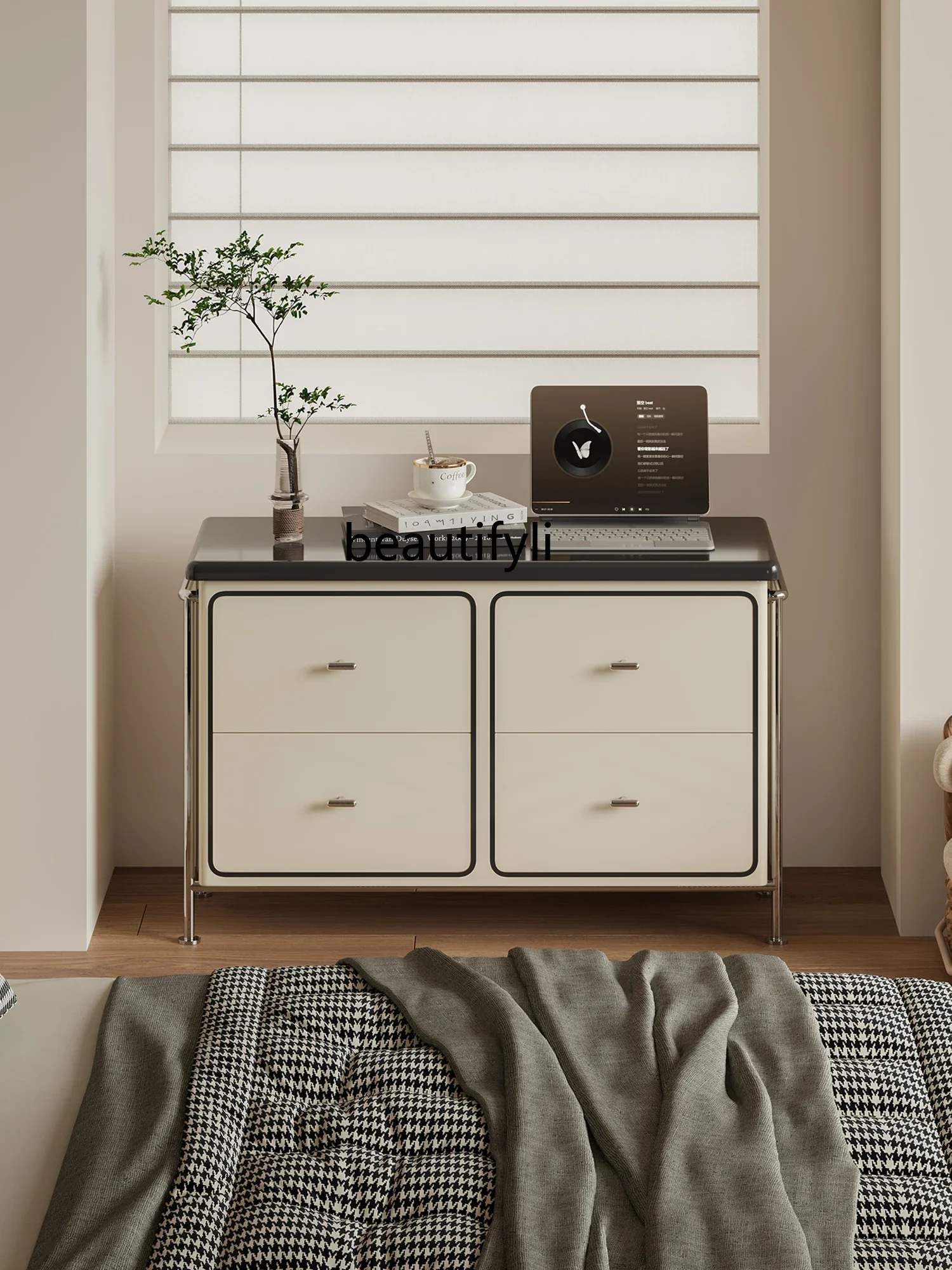 

Modern simple black and white advanced color matching chest, household sofa side cabinet, bedroom light luxury storage locker