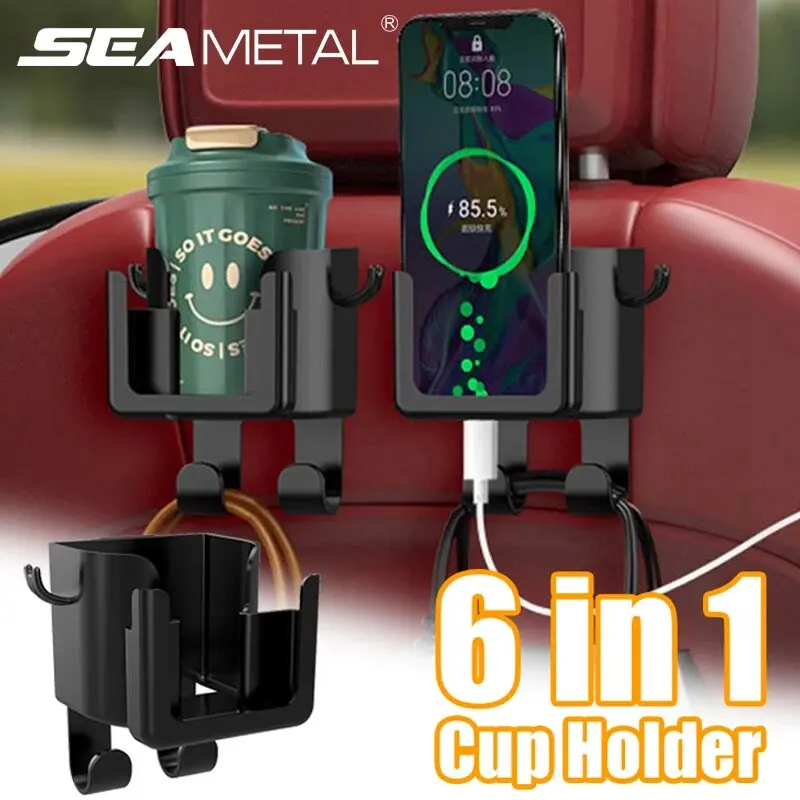 SEAMETAL 6 in 1 Car Cup Holder with 4 Hooks Headrest Hanging Drink Holder Unversal Car Back Seat Bottle Mount with Phone Support