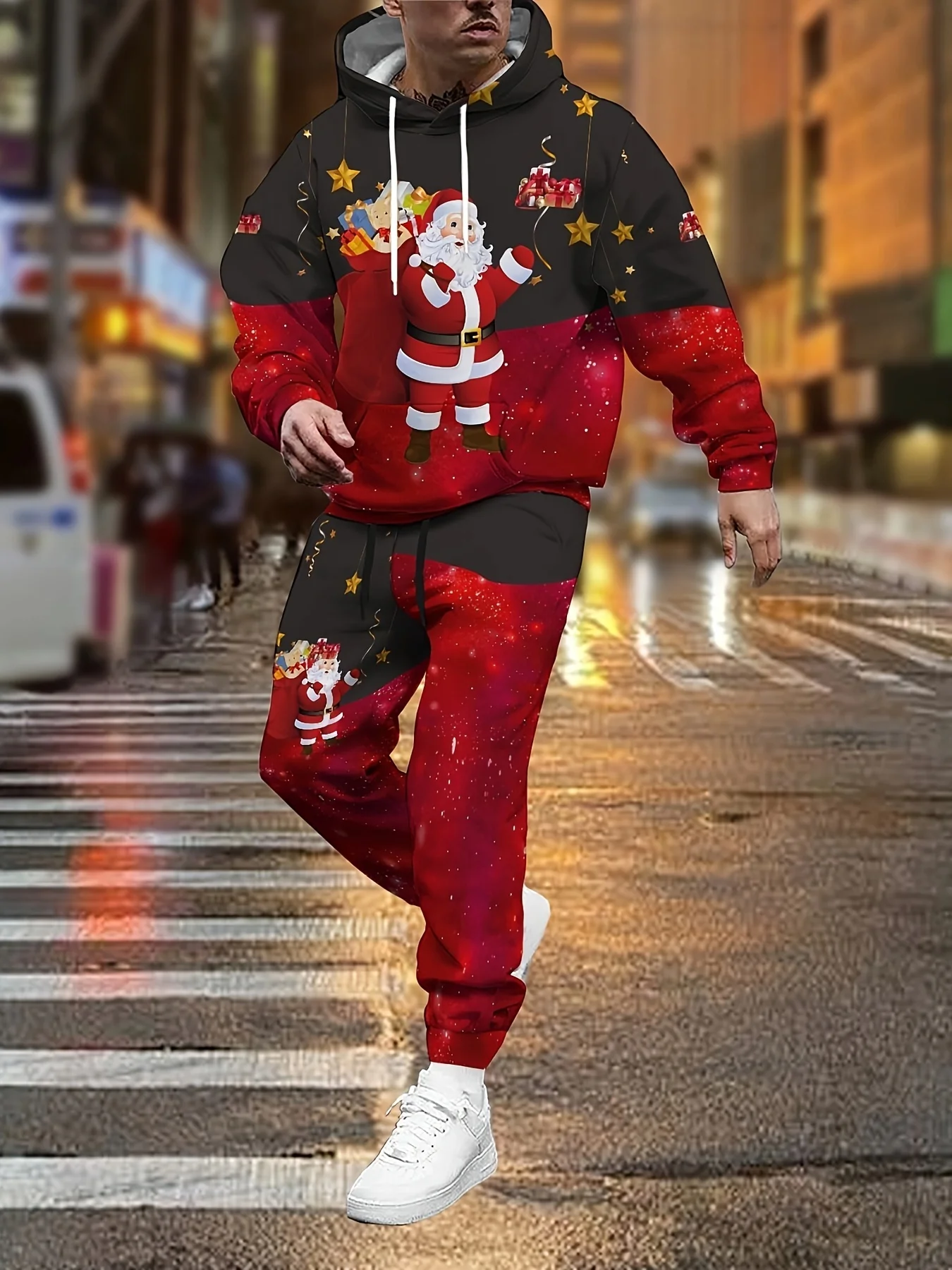 

The 2025 Christmas new men's hoodie set is a casual and fashionable streetwear collection with Santa Claus prints