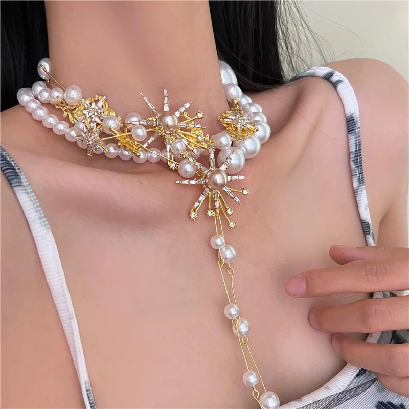 

Retro Golden Color Firework Pearl Extra Long Tassel Double Layer Necklace Temperament Women Party Jewelry Birthday Gift 2023