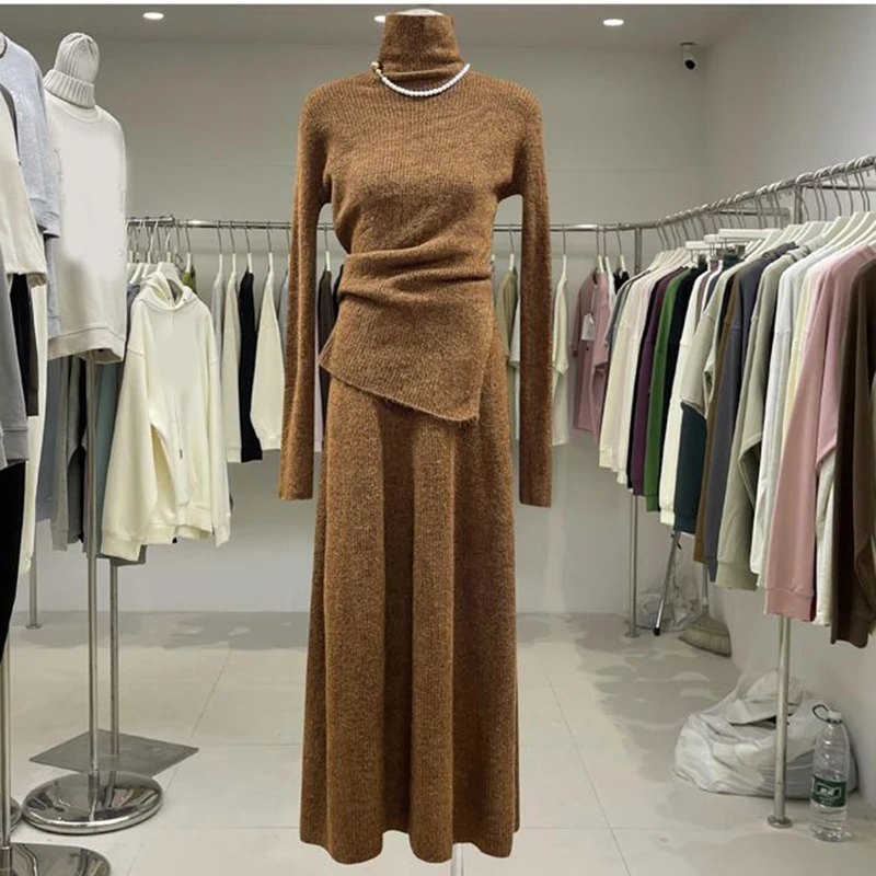 2024 Elegant Sexy Knitting 2 Piece Set Women Long Sleeve Sweater Pullover + A-line Skirt Vintage Two Piece Skirt Set Outfits