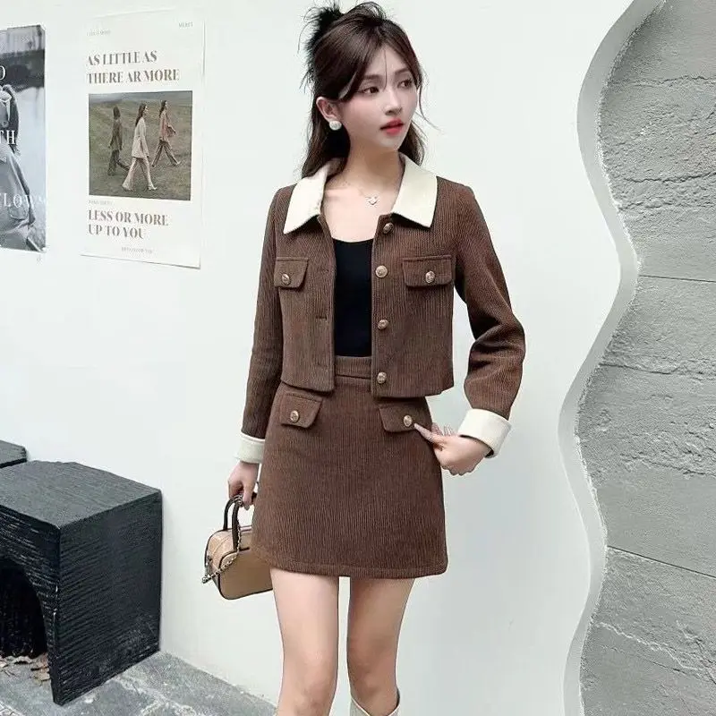 

Corduroy Two Piece Set Women's 2025 Autumn New Style Fashion Autumn Color Blocking Short Coat+Short Skirt Two piece Set
