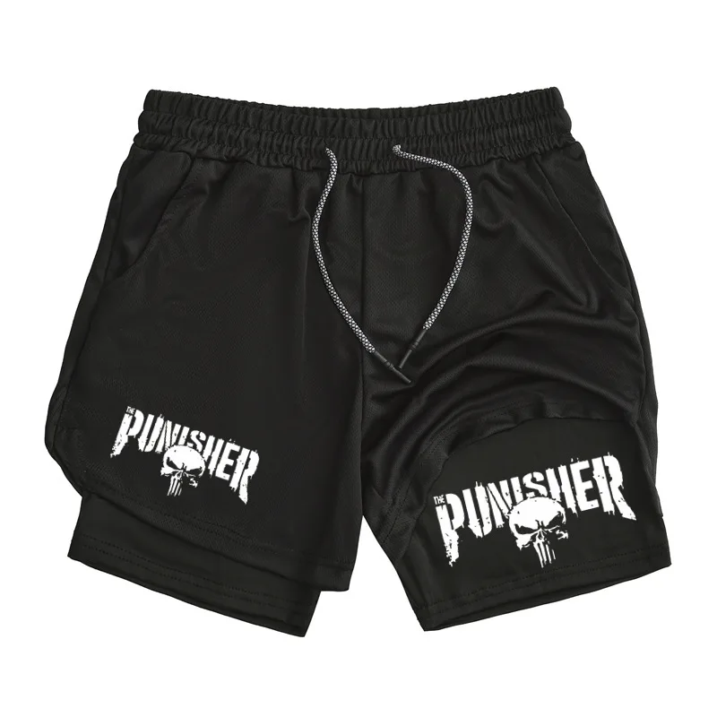 

Men'S Unique Printing Dull Black Style Two Layer Fitness Running Shorts Casual Mid Waist Skull Head Design Sports Pants