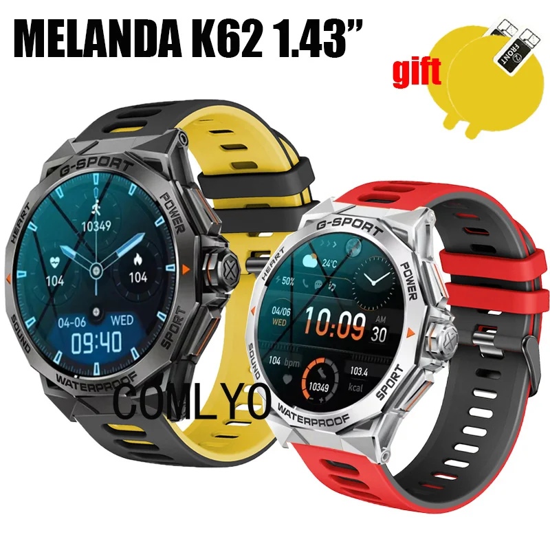 3in1 for MELANDA K62 1.43” Smart Watch Strap Silicone Soft Bracelet Band Screen Protector Film