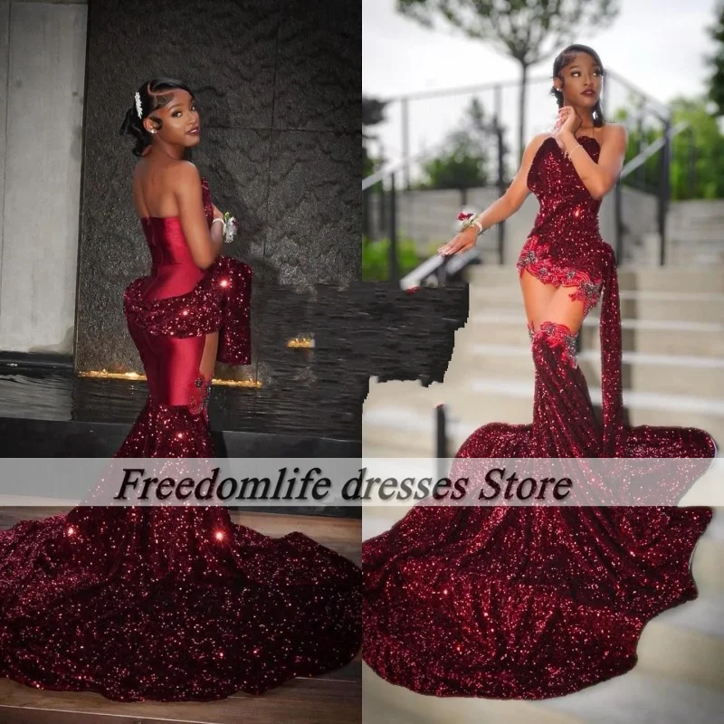 Burgundy Sequin Prom Dresses 2025 Sweetheart Rhinestone Black Girls Mermaid Party Gowns Luxury robe de soirée Customized