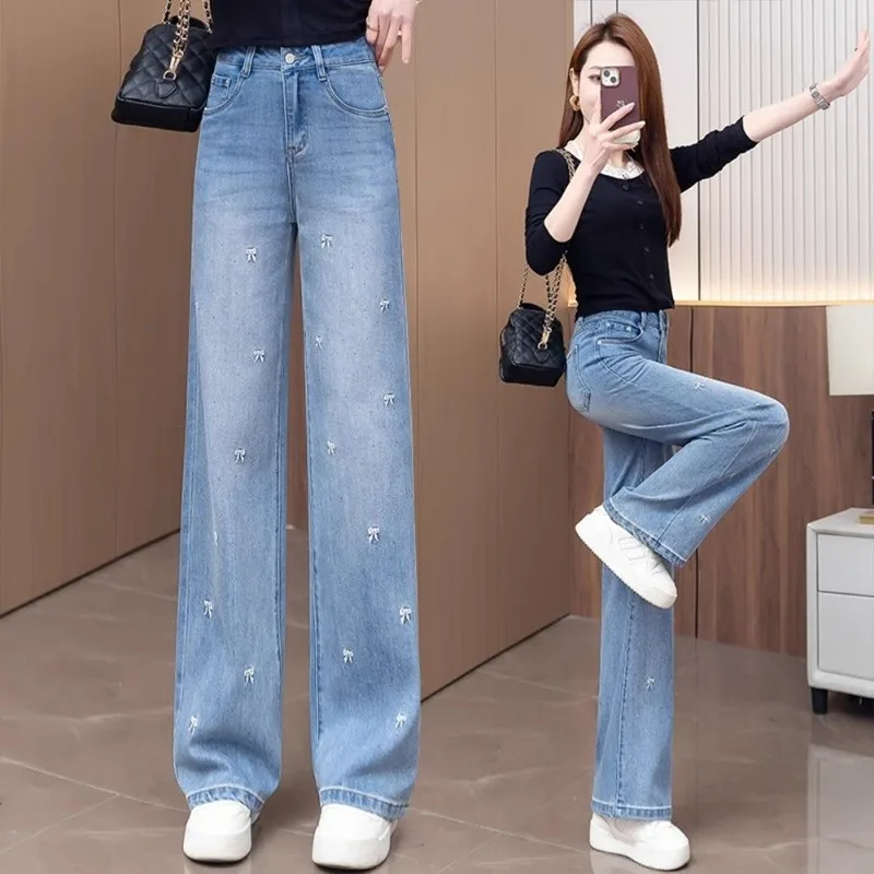 Pantalones vaqueros de pierna ancha para mujer primavera y verano 2025, nueva moda, bordados, de cintura alta, holgados, drapeados, rectos informales