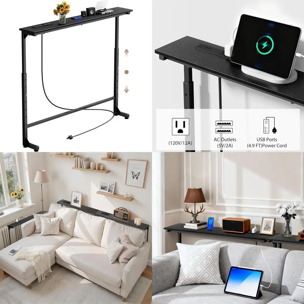 

Adjustable Height Skinny Console Table with Outlet, 25-37, Black, for Living Room Entryway