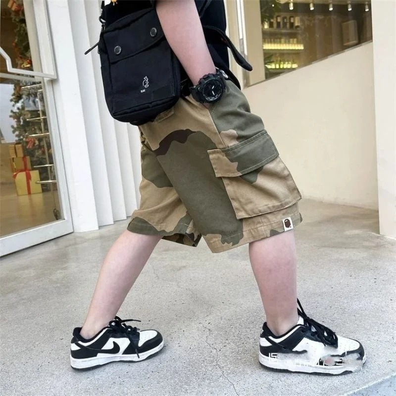 Summer New Boys Pure Cotton Trousers Fashion Trendy Loose Casual Patchwork Elastic High Waist Pockets Camouflage Cargo Shorts