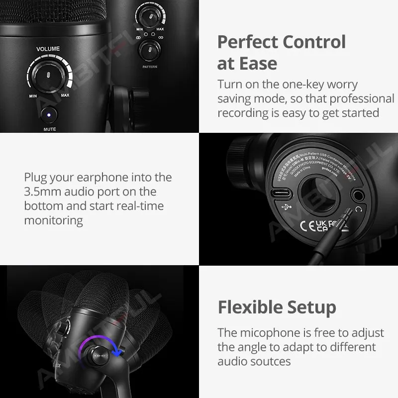 Godox UMic82 USB-Kondensatormikrofon mit bidirektionalem, omnidirektionalem Nierencharakteristik mit mehreren Mustern