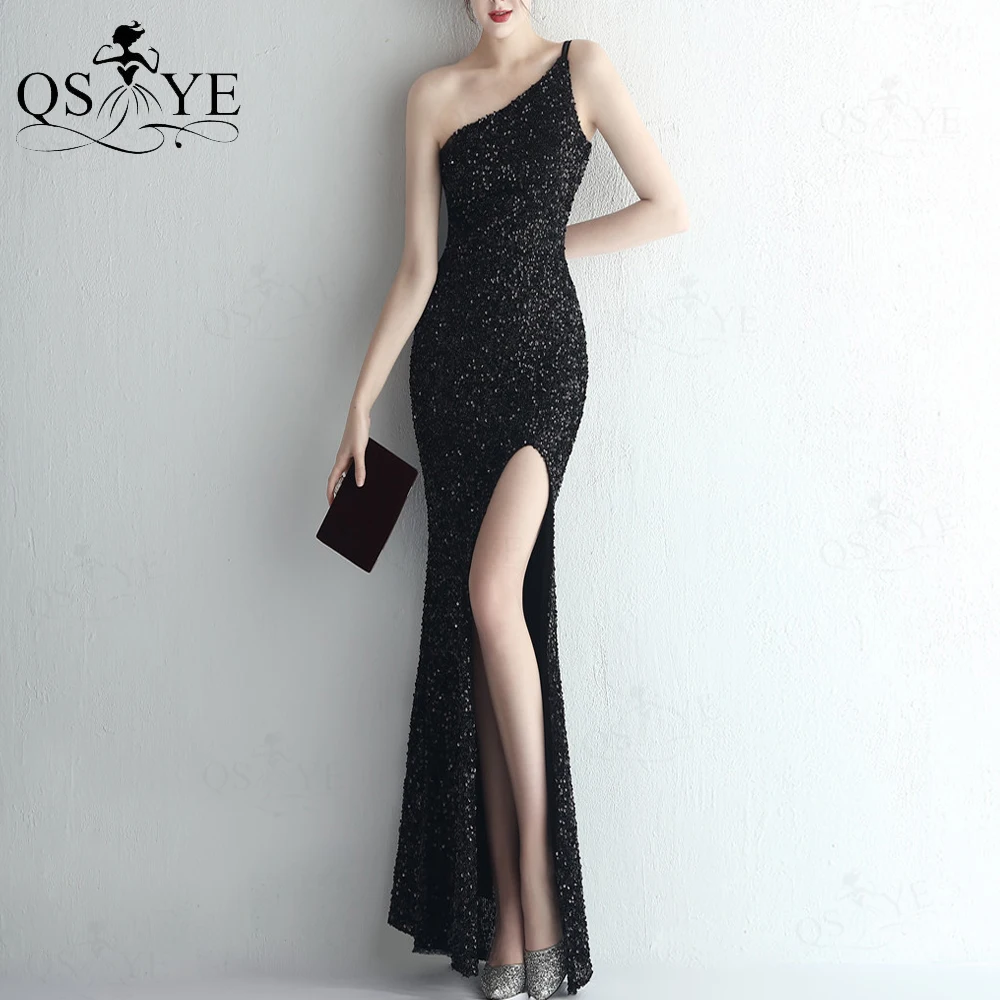 

One Shoulder Black Evening Dresses Mermaid Sequin Prom Gown Glitter Lace Long Formal Party Open Split Women Fashion Prom Dress