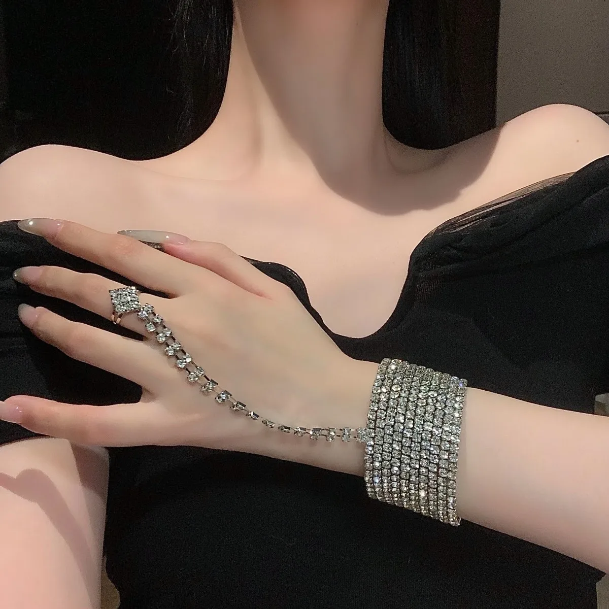 

Heavy Work Multi-Layer Flash Zircon Ring Bracelet Sweet Cool Spicy Girl Fashion Jewelry Accessory Korean Style Adjustable Size