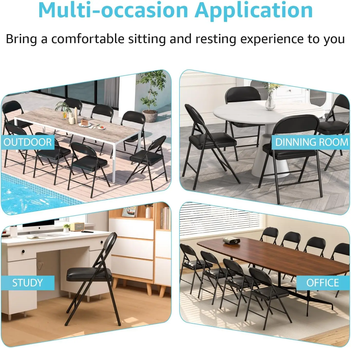 طقم كراسي مبطنة قابلة للطي مكونة من 4 قطع للاستخدام المنزلي والمكتب والخارجي باللون الأسود #5