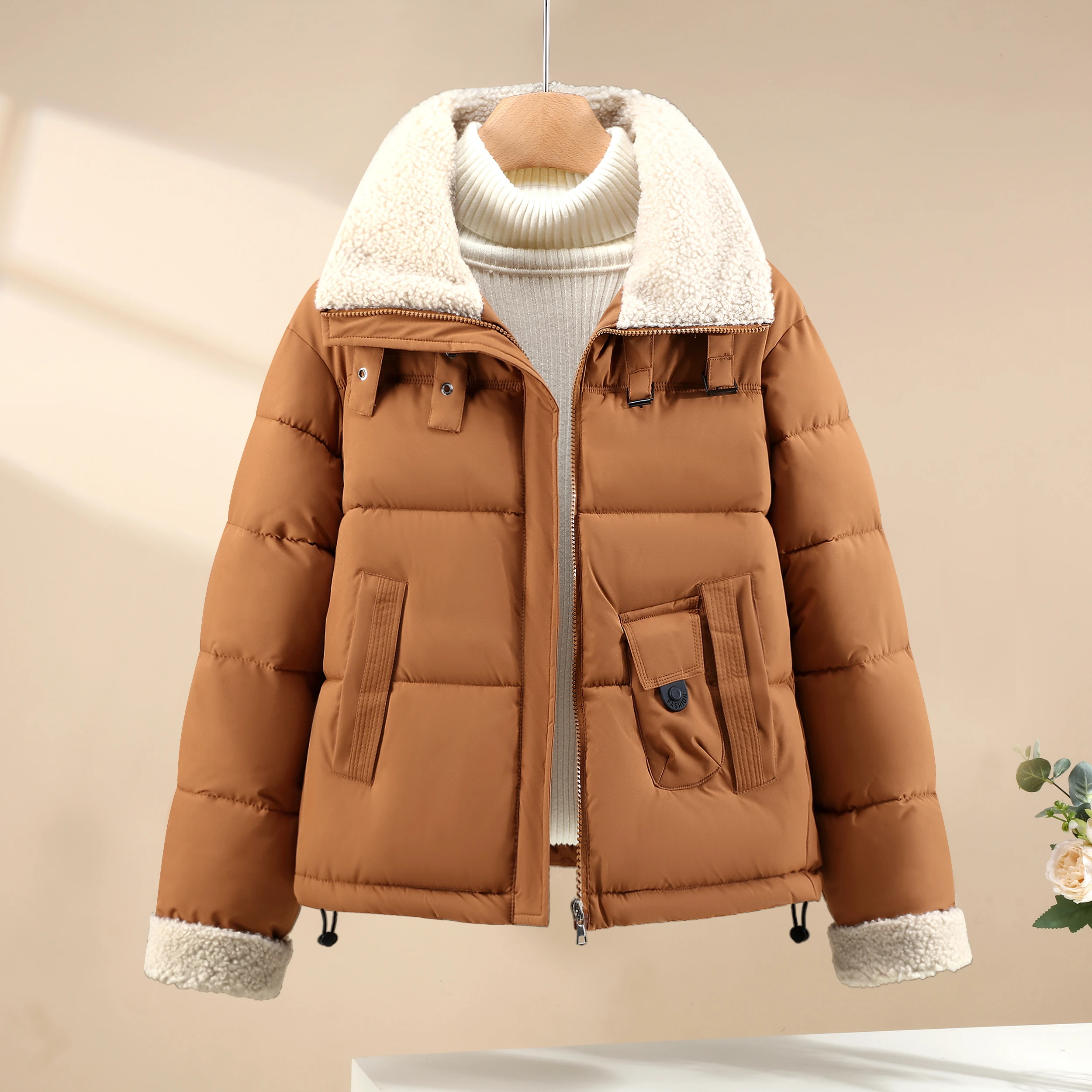 

Women's Faion ort Cotton Jaet Loose Thi Warm Winter Coat Straight Tube Long Sve Zipper Closure Color