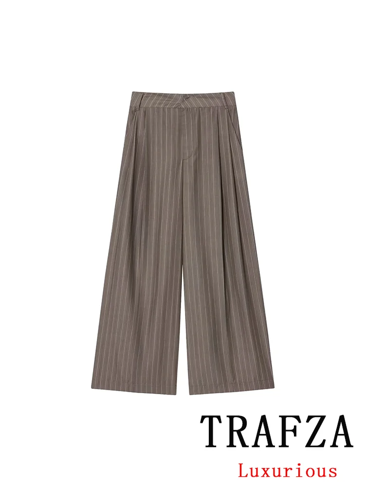 KONDALA Office Lady Chic Bruine Pakken V-hals Gestreepte Losse Blazer Hoge Taille Wijde Pijpen Broek Mode 2025, Herfst Casual Damespakken