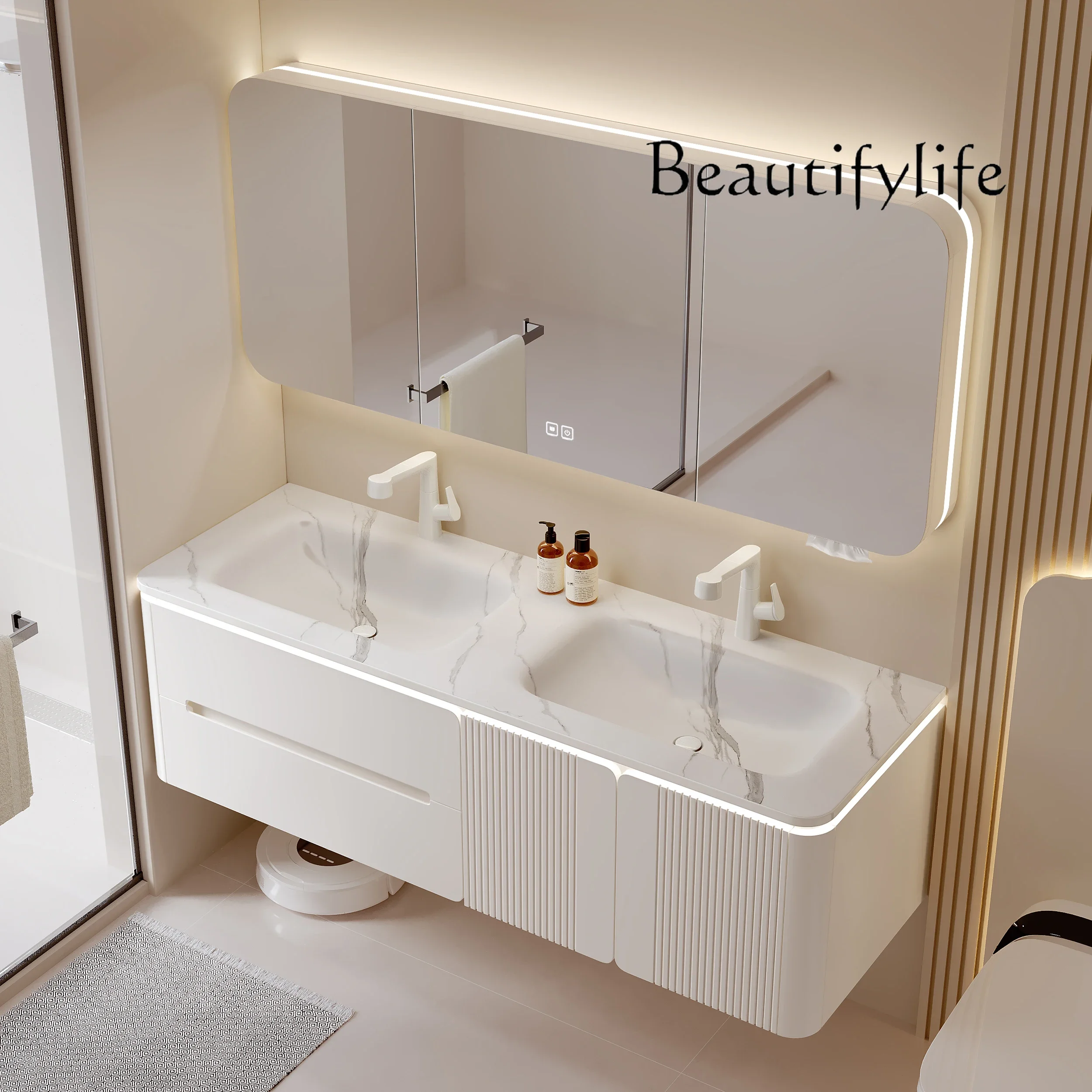 

Bathroom Cabinet Slate Hot Bending Integrated Toilet Seamless Ceramic Double Basin Combination Oak Wash Table