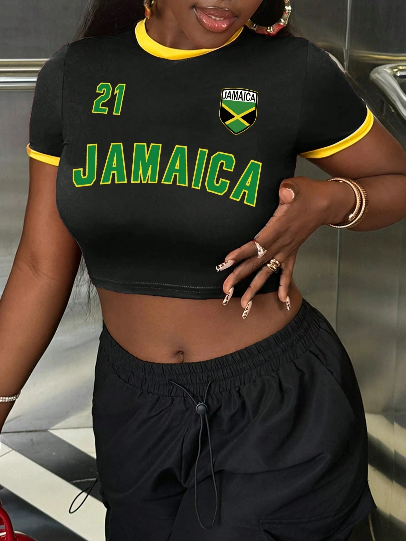 المرأة "Jamaica" إلكتروني طباعة عادية Colorblock المجهزة اقتصاص تي شيرت قصير الجرافيك تيز المرأة بلايز المحملة